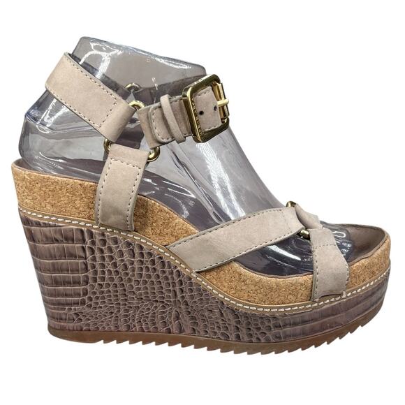 Tory Burch Women’s Brenden Taupe Croc Pattern Cork Wedges Size US 7 - Picture 1 of 11